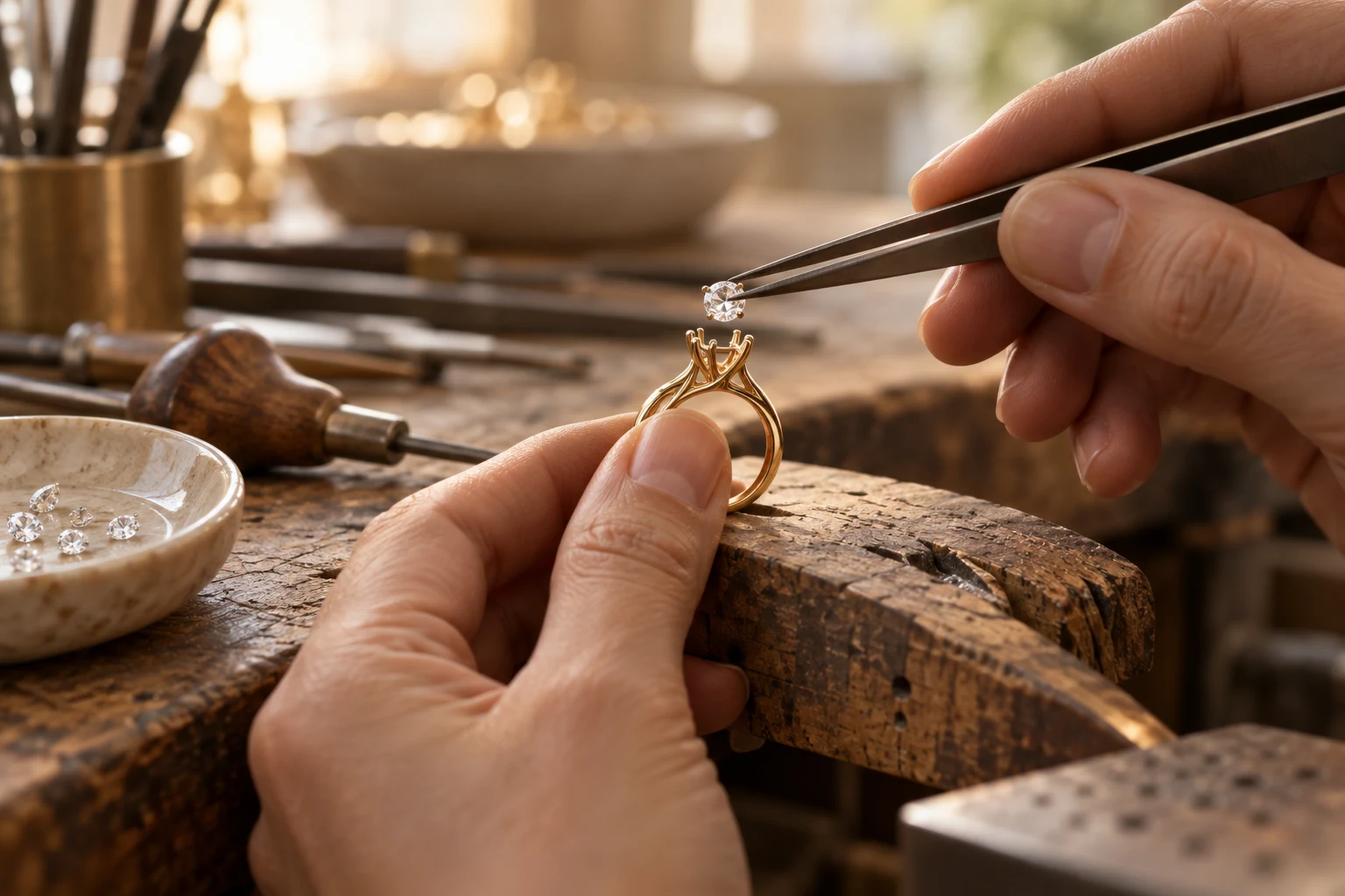 A jeweller positioning a clear gemstone over a fine gold setting