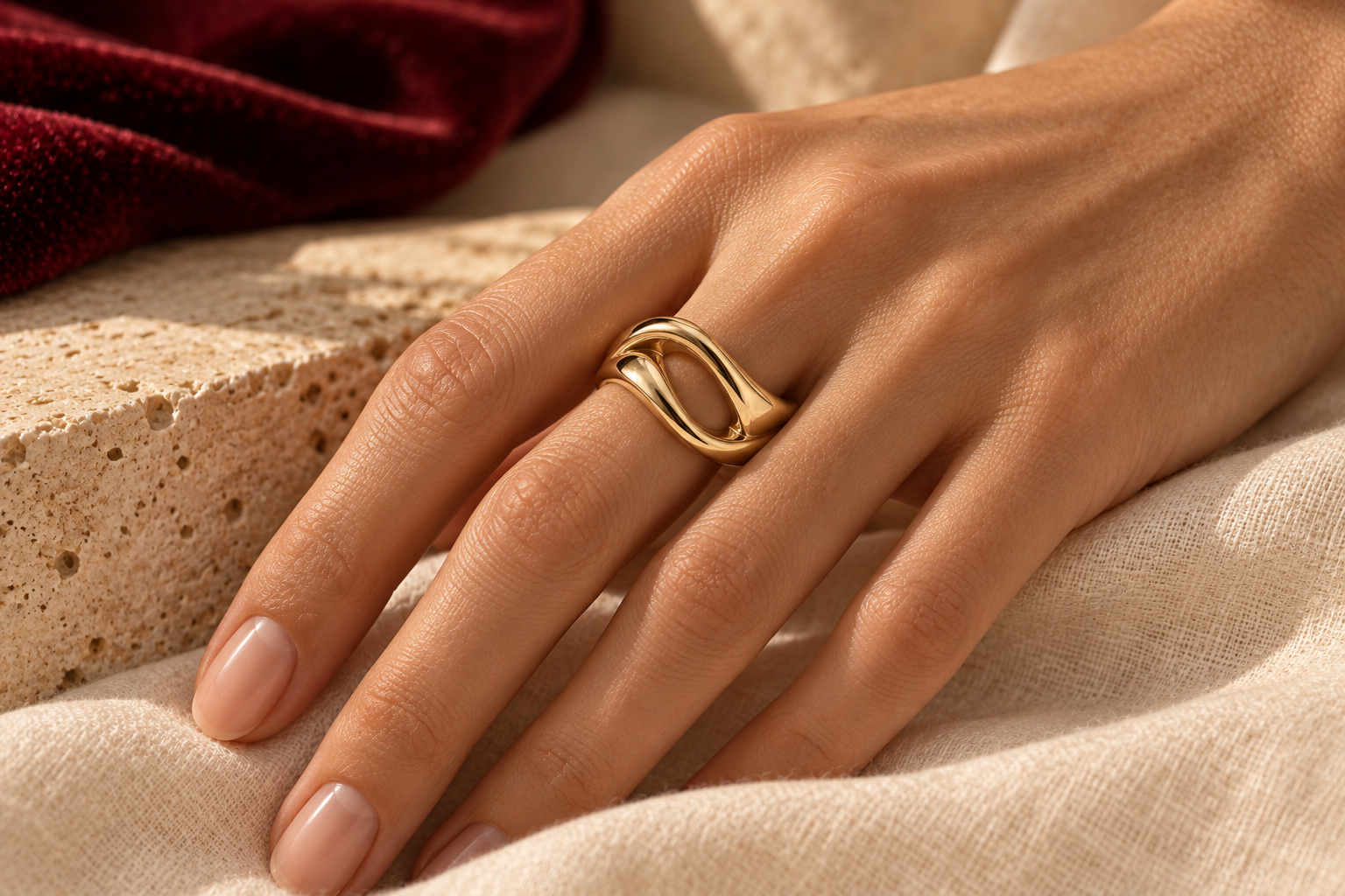 Forms sculptural gold ring worn on a hand for a sense of scale