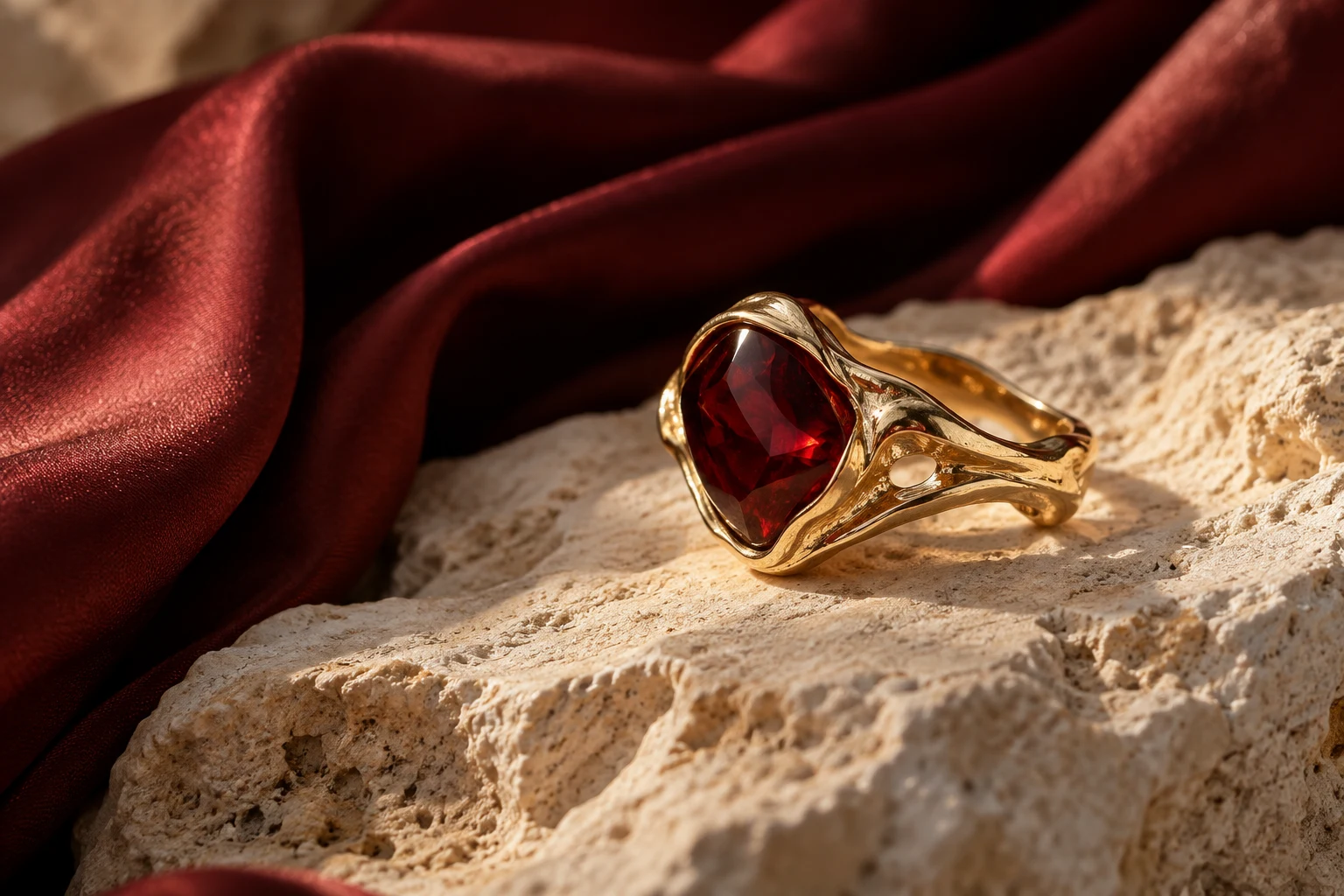 A sculptural gold ring with a deep red gemstone on warm travertine beside burgundy satin