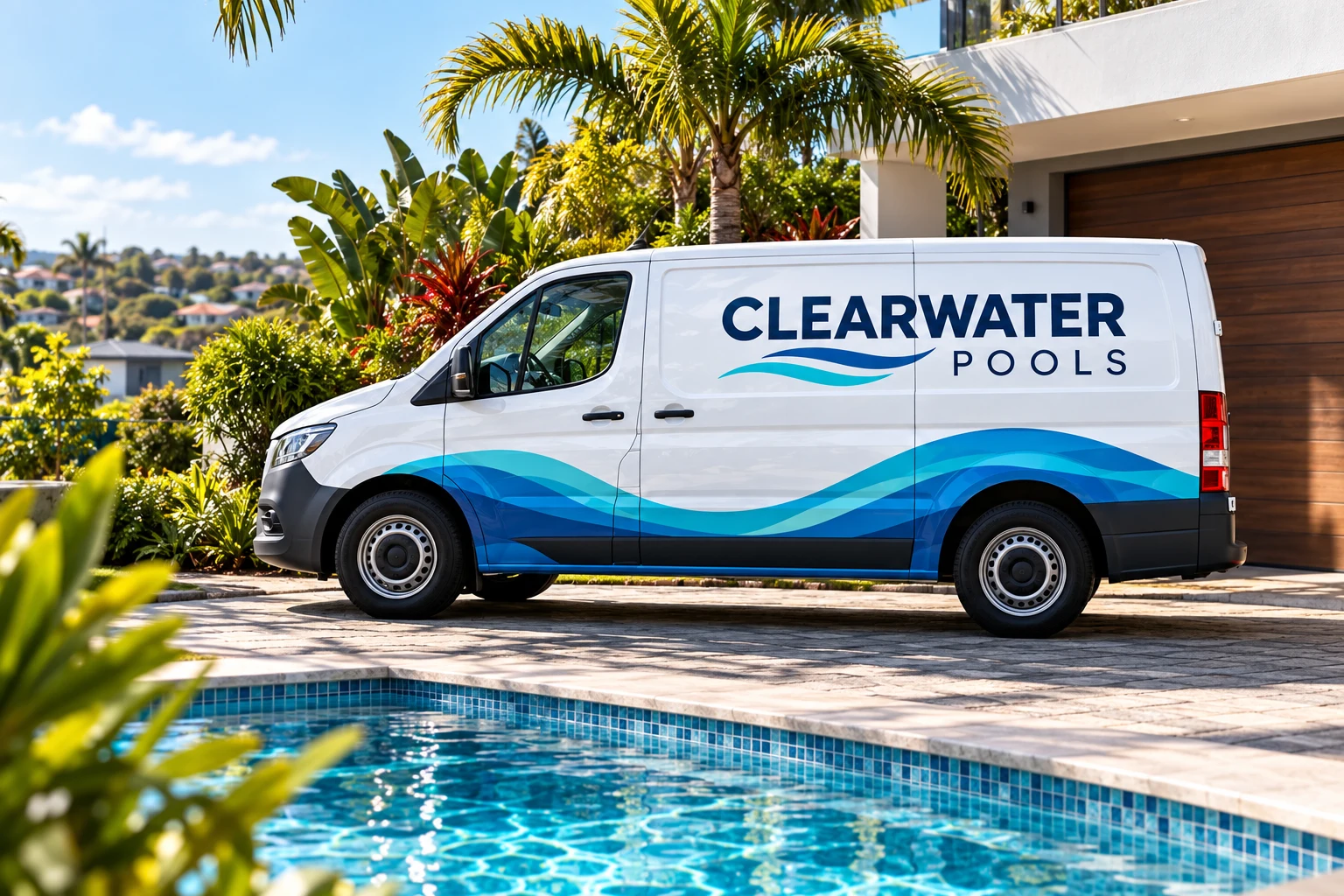 CLEARWATER POOLS branded service van in a subtropical residential setting