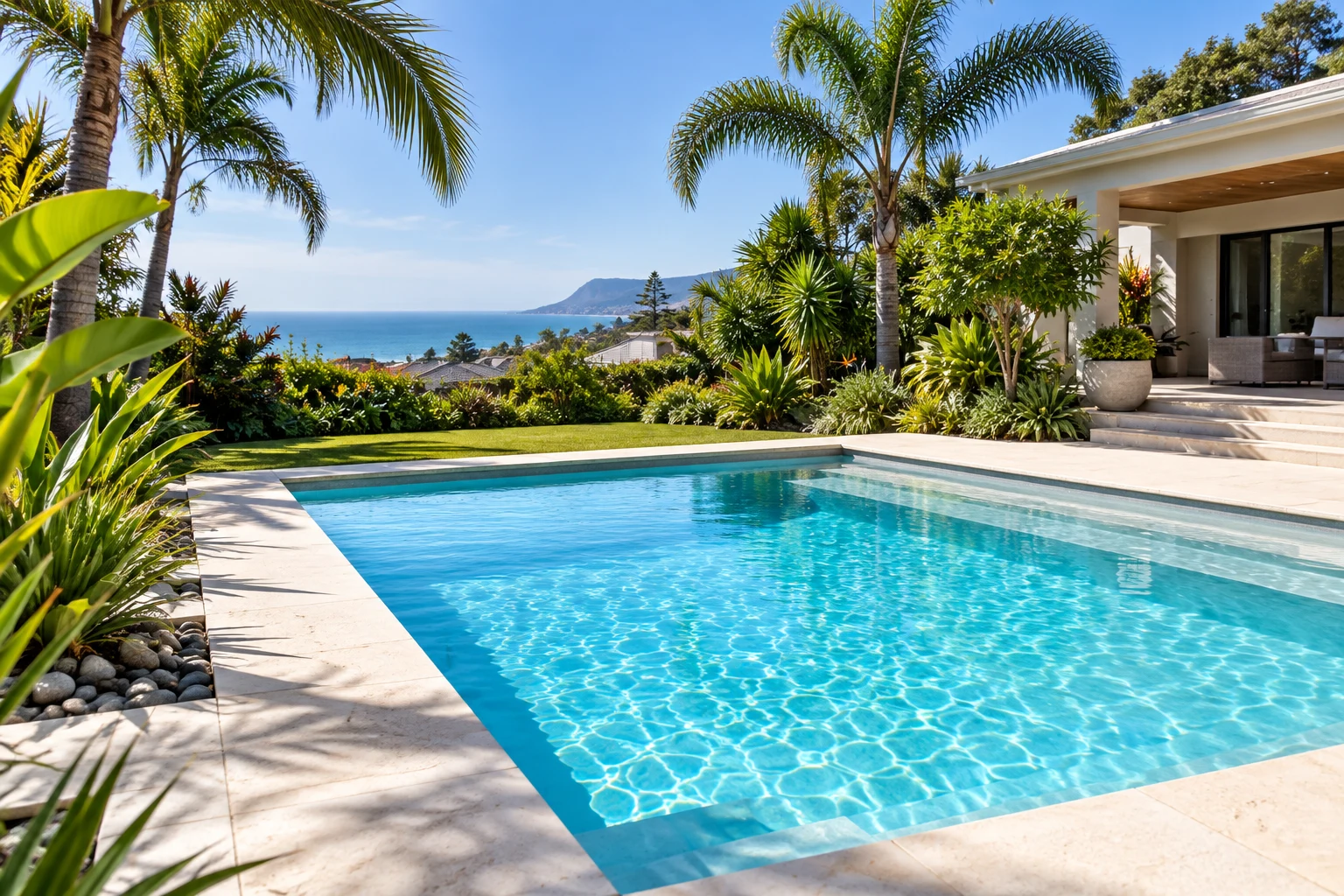 A sparkling turquoise residential pool with pale stone coping, palm trees and a coastal outlook