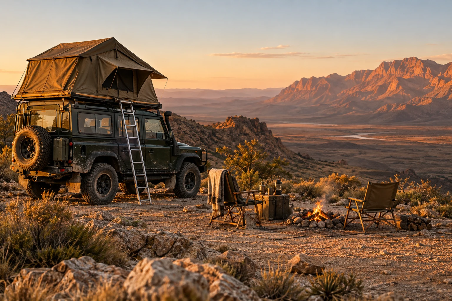Camp gear and landscape at the end of a day on the road