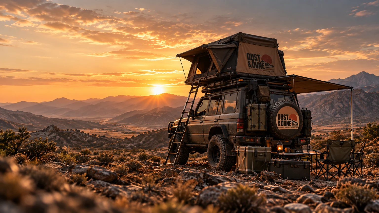 A branded DUST & DUNE rooftop-tent expedition vehicle at a rocky mountain camp at sunset