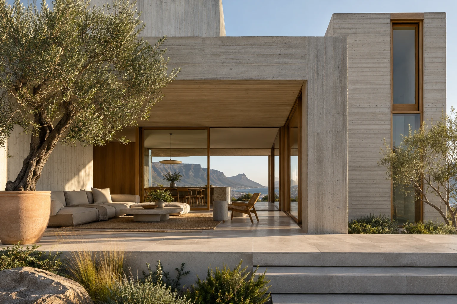 A warm concrete residence with an olive tree, open living spaces and a framed Cape mountain view