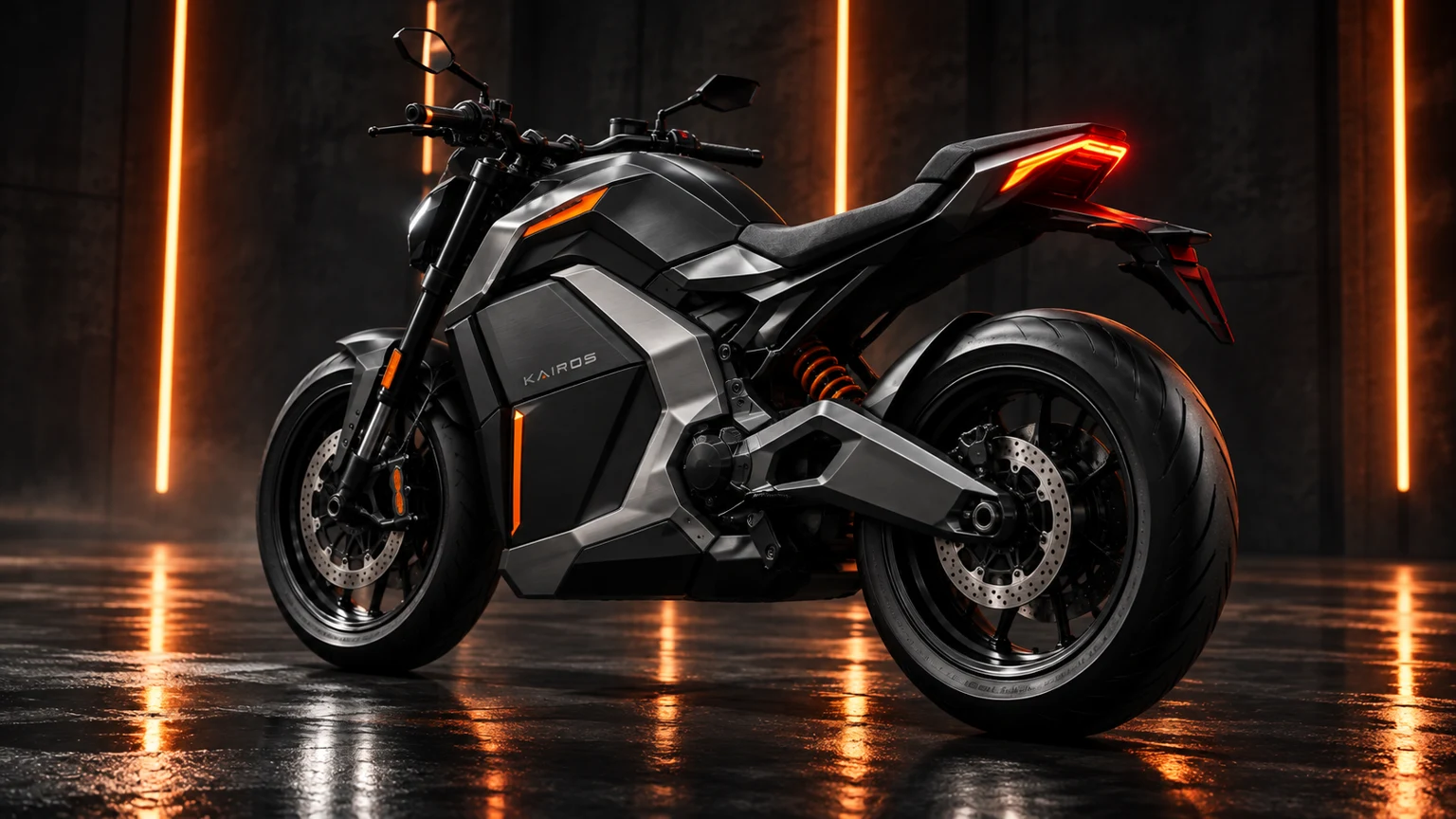 KAIROS K1 motorcycle viewed from the rear with its orange light signature