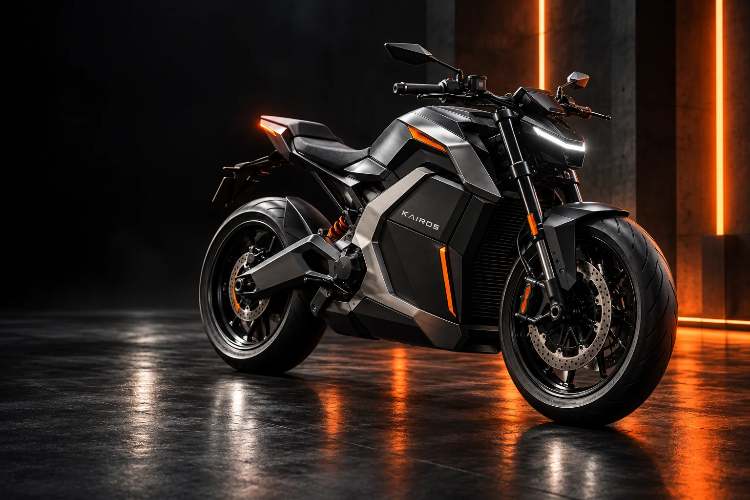 KAIROS K1 graphite electric motorcycle in an orange-lit concrete launch studio