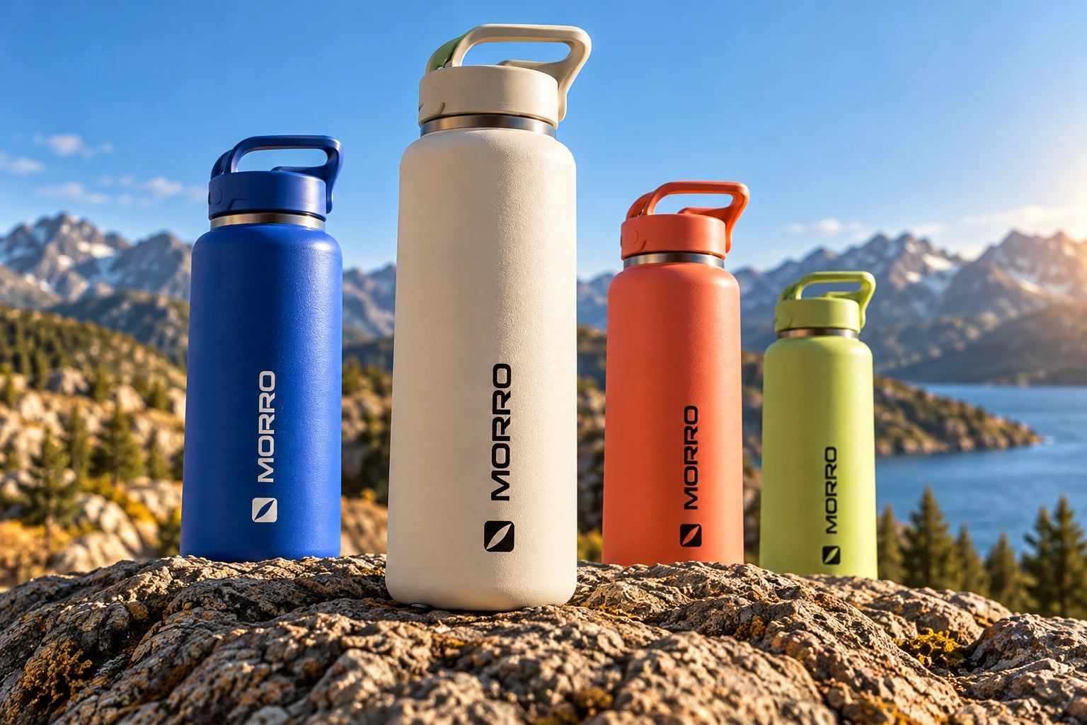 Branded MORRO bottles in dune, cobalt, coral and lime on sunlit rock beside a mountain lake