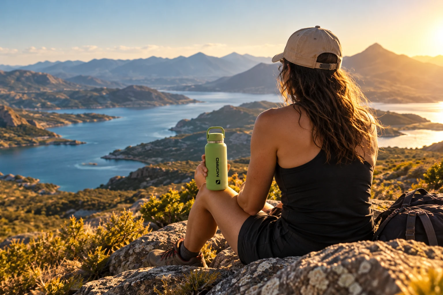 A hiker holding a MORRO bottle while looking over a mountain lake