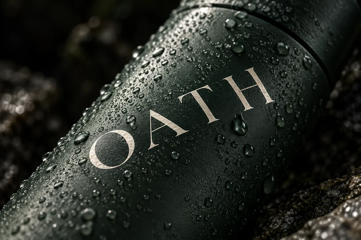 Water droplets on the OATH forest-green wordmark packaging