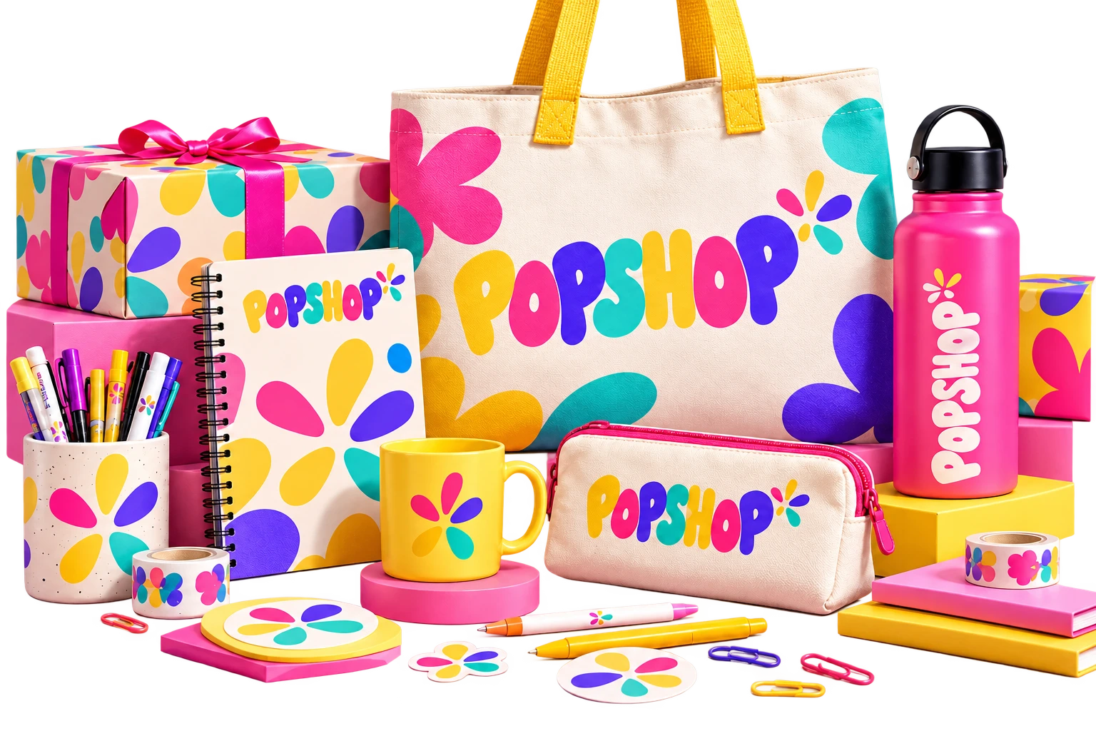 A colourful collection of POPSHOP gifts, stationery and everyday objects