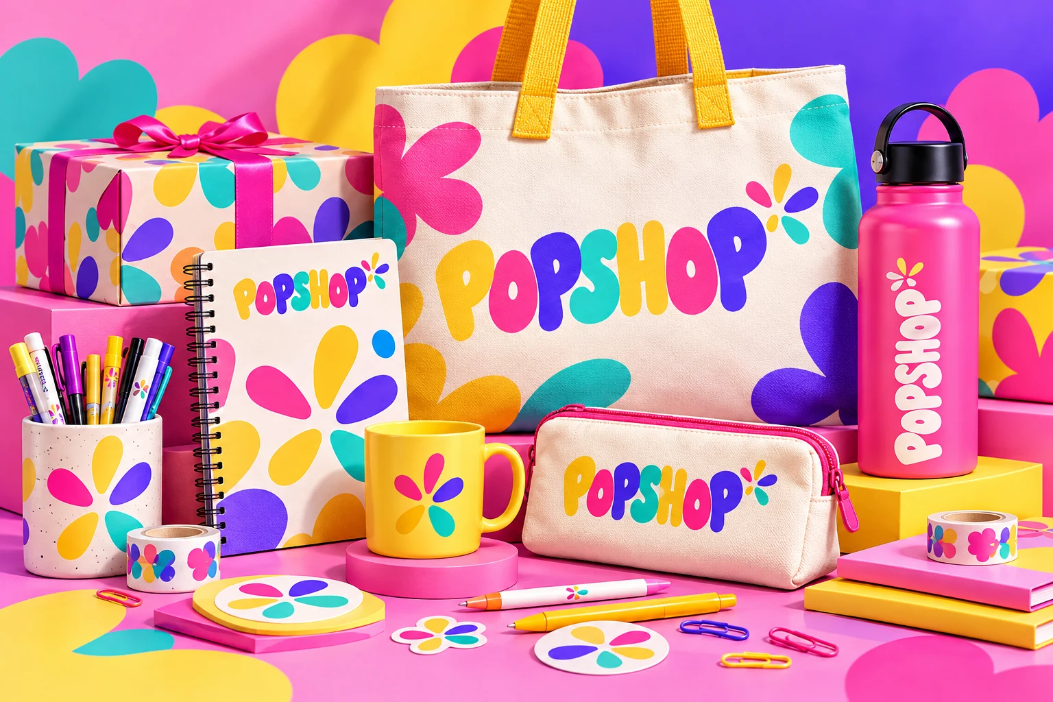 Branded POPSHOP stationery, gifts and colourful everyday objects