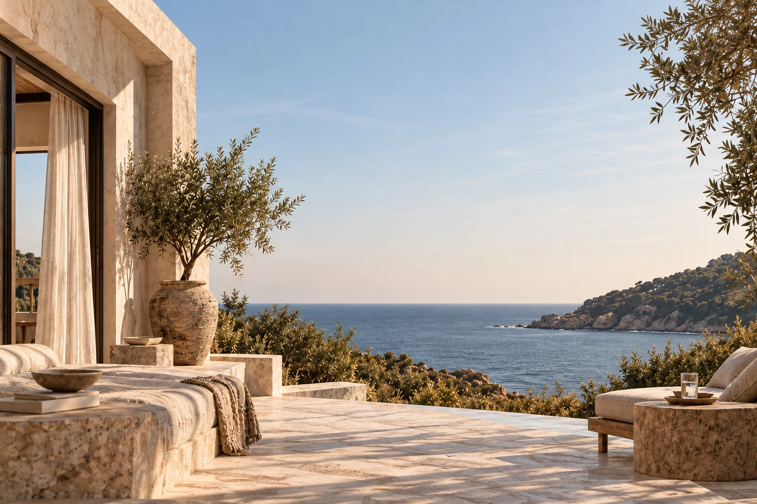 A pale stone coastal cabin terrace with an olive tree, calm sea and a rocky headland