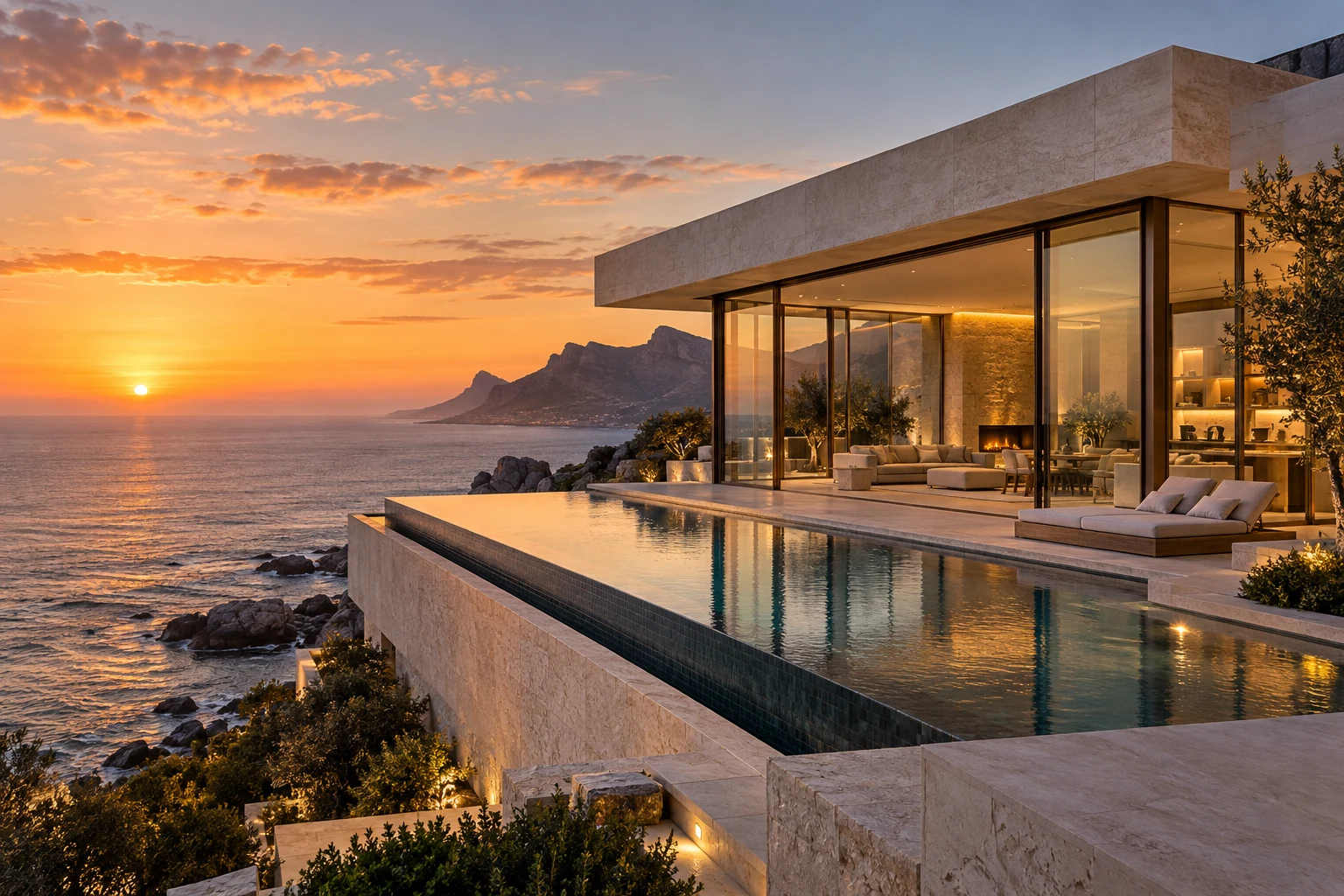 Limestone coastal residence and infinity pool overlooking the Atlantic at sunset