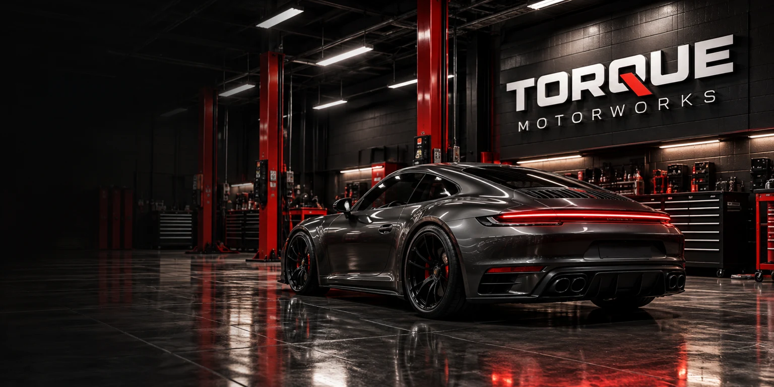 A graphite performance coupe in a dark red-accented TORQUE MOTORWORKS workshop