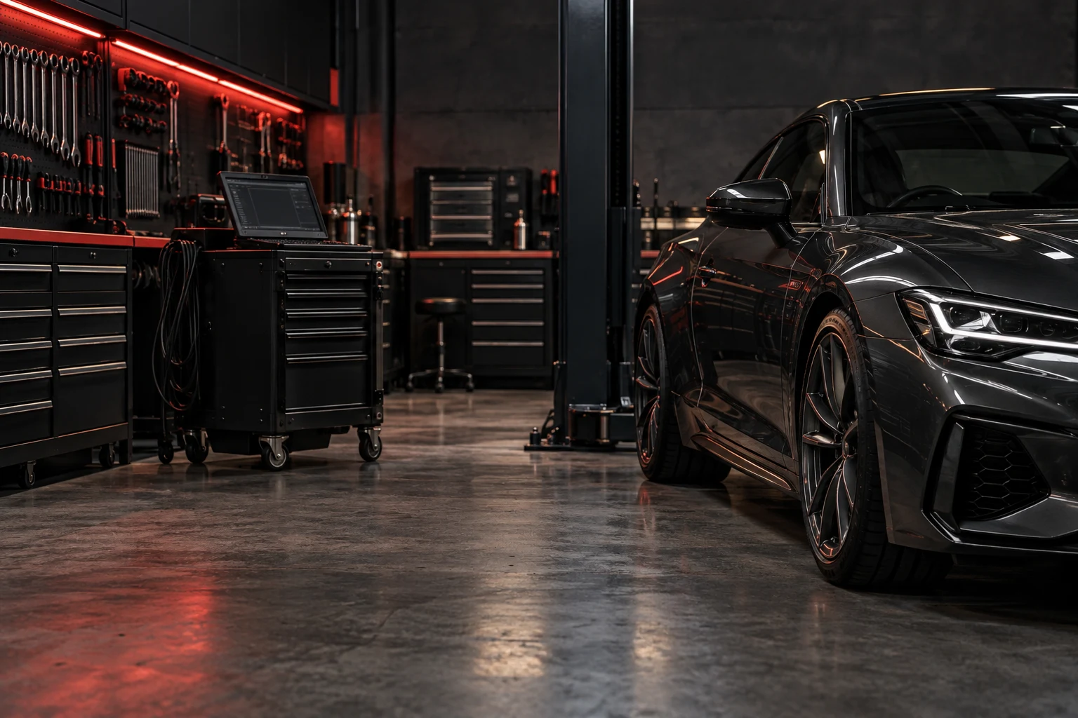 An organised dark workshop with red tool storage and a graphite vehicle