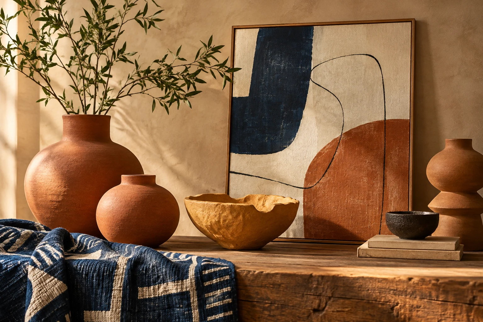 Warm studio still life of ceramics, textiles and abstract artwork