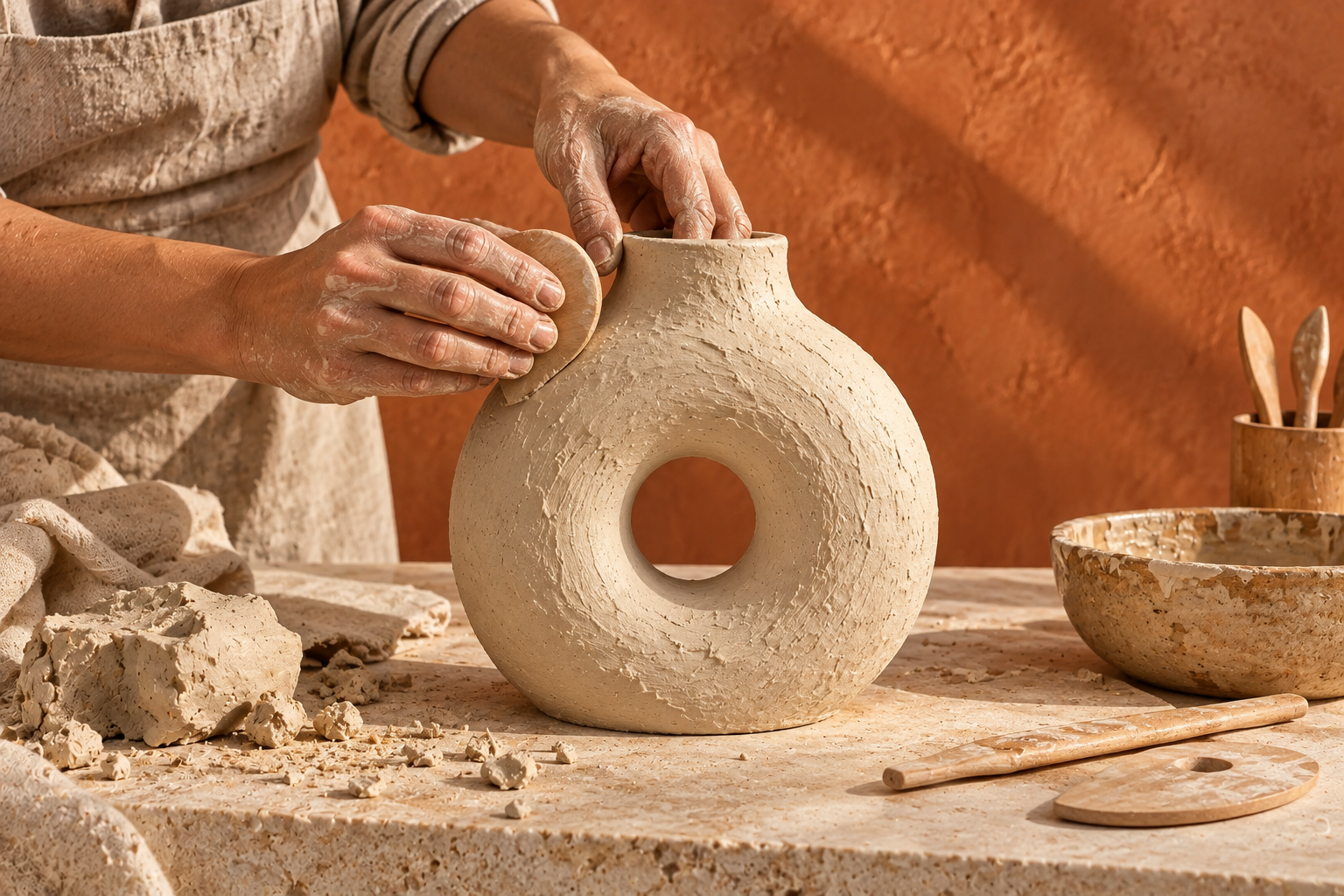 Anonymous hands shaping clay in a fictional process study